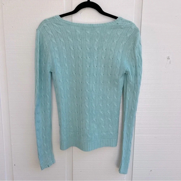 Ralph Lauren Preppy Old Money Silk Cable Knit V-Neck Sweater Soft Aqua Blue / XS - Picture 2 of 3